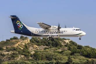 An ATR 42-600 aircraft of Olympic Air with the registration SX-OAZ at Rhodes Airport, Greece