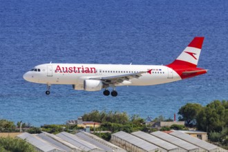 An Austrian Airlines Airbus A320 aircraft with the registration number OE-LZB at Rhodes Airport,