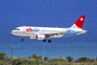 A Chair Airbus A319 aircraft with the registration HB-JOJ at Rhodes Airport, Greece