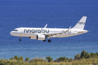 A Marabou Stork Airbus A320neo aircraft with the registration number ES-MBD at Rhodes Airport,