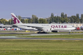 Qatar Airways Cargo Boeing 777-F aircraft with registration A7-BFO at the airport in Warsaw, Poland