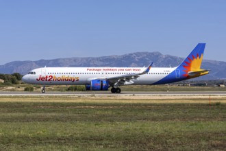 A Jet2 Airbus A321neo aircraft with the registration G-SUNJ at Palma de Majorca Airport, Spain