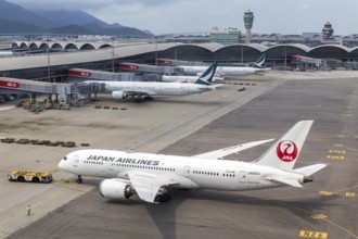 A Boeing 787-8 Dreamliner aircraft of Japan Airlines with the registration JA830J at Chek Lap Kok