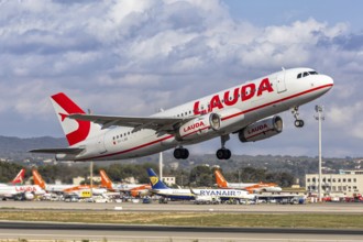 A Lauda Europe Airbus A320 aircraft with the registration 9H-LMB at Palma de Majorca Airport, Spain