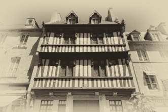 Old half-timbered house, old town, black and white, vintage, retro, Bayeux, Normandy, Calvados,