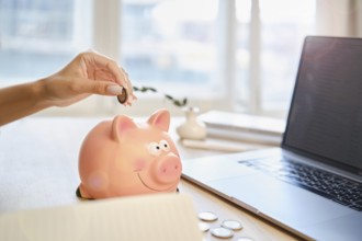 A hand is placing a coin into a pink piggy bank while a laptop sits open on a wooden desk. Sunlight