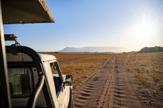 View from a safari vehicle, sandy track in desert landscape, in the evening light, Brandberg,