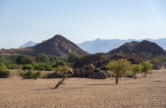 Dry riverbed of the Ugab River, barren landscape with hills of stacked rocks, desert landscape,