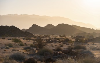 Barren landscape with hills of stacked rocks, desert landscape in the evening light at sunset,