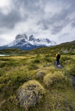 Hikers on the way to the Mirador de los Cuernos, Cuernos del Paine mountain range, dramatic sky,