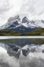 Cuernos del Paine mountain range, reflection in Lago Nordenskjöld, Torres del Paine National Park,
