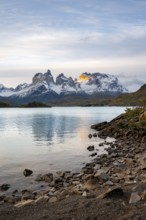 Cuernos del Paine mountain range at sunset, reflection in Lago Pehoe, Torres del Paine National