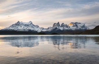 Cuernos del Paine mountain range at sunset, reflection in Lago Pehoe, Torres del Paine National