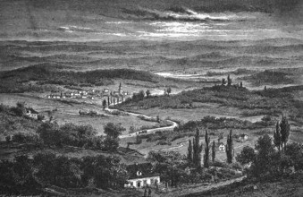 Hilly landscape near Arnstadt, forest, sandy road with horse-drawn carriage, village with church,