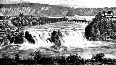Rhine Falls near Schaffhausen, cascades, border area, bridge, rocky islands, mountain landscape,