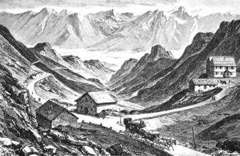 Furka Pass, pass summit 2429 m above sea level, four-horse stagecoach, valley, rocks, barren
