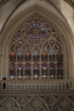 Interior view, stained glass window, coloured church windows, Cathédrale Notre-Dame de Bayeux,