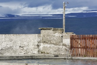 Geothermal pool in Reykjanes, heated outdoor pool, steam, geothermal energy, detail, Súðavík,