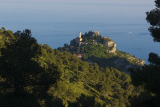 Picturesque mountain village above the sea, sunset, Èze, Cote d'Azur, Alpes-Maritimes,