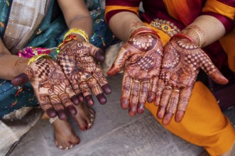 Hands painted with henna, Mehrangarh or Meherangarh Fortress, Jodhpur, Rajasthan, India