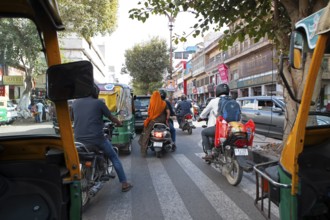 Street scene seen from a rickshaw or tuk tuk, old town of Jodhpur, Rajasthan, India