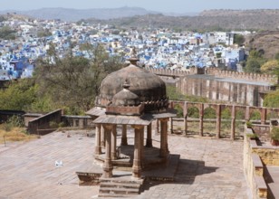 Pagoda in the Mehrangarh or Meherangarh fortress, behind the blue houses of Jodhpur, Rajasthan,