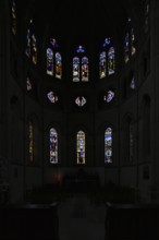 Stained glass window, coloured church window, choir with altar, interior view, Église Notre-Dame