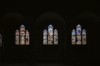 Interior view, stained glass window, coloured stained glass, church Église Saint-Pierre et