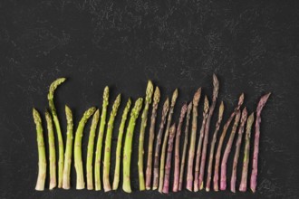 Different varieties of fresh asparagus are arranged neatly on a dark textured surface. The vibrant