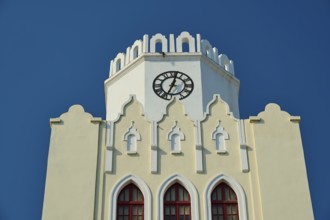 Palace of Justice, colonial building, detailed view of a white clock tower with distinctive