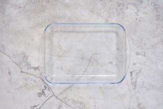 Overhead view of empty glass rectangular baking dish