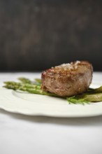 A perfectly cooked filet mignon, seared to golden brown, sits on a decorative plate alongside