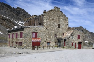 Building with restaurant and bar at the top of the highest asphalted Alpine pass, Col d'Iseran, Col