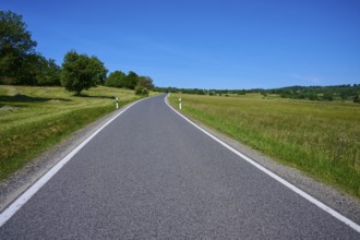 Rural road leads through green meadows under a clear blue sky, summer, Franzosenweg, Lange Rhön,