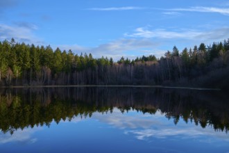 A clear lake with a perfect reflection of the blue sky and clouds, surrounded by forest,