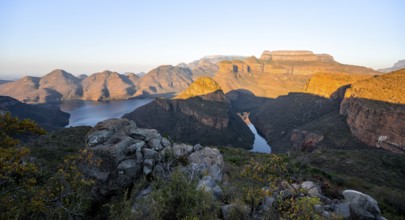 Sunset at Blyde River Canyon with Three Rondawels peak, view of canyon with Blyde River and table