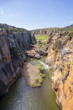 Canyon with steep orange-coloured cliffs with the Blyde River, Bourke's Luck Potholes, Panorama