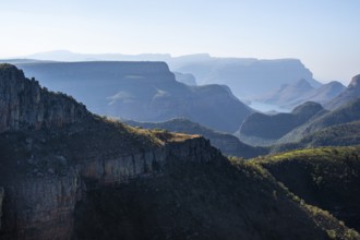View of the Blyde River gorge, Lowveld Viewpoint, in the evening light, canyon landscape, Blyde