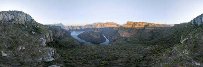 Sunset at Blyde River Canyon with Three Rondawels peak, view of canyon with Blyde River and table