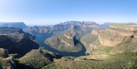 Blyde River Canyon with Three Rondawels peak, view of canyon with Blyde River and Table Mountains,