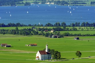 View from Neuschwanstein Castle to the pilgrimage church of St Coloman, Forggensee, Schwangau,