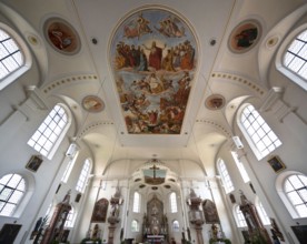 Interior with ceiling fresco, parish church of St John, built 1717-19, Biberacher Str. 6,
