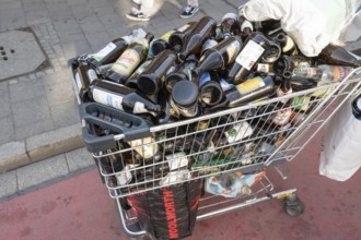Shopping trolley overflowing with empty beer bottles on the mountain, Erlanger Bergkirchweih,