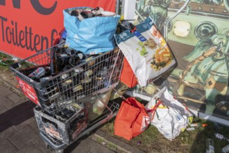 Shopping trolleys and carrier bags overflowing with empty beer bottles on the mountain, Erlanger