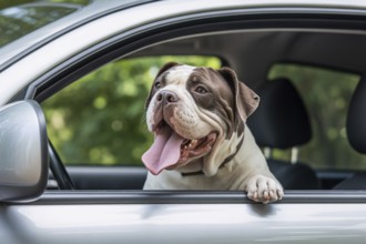 Bulldog panting and looking out of an open car window on a hot summer day. Concept of overheating