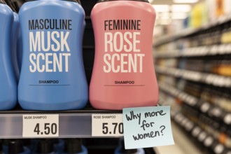 Pink tax concept with two gendered shampoo bottles priced differently. Blue masculine and pink