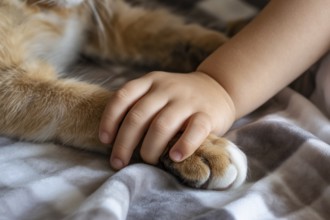 Close up of a young child grabbing a cat's paw showing tender interaction and early bond between