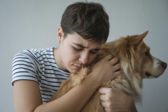 Young worried man hugging his pet dog. Shows emotional support and strong bond between human and