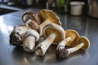 Different sized wild mushrooms spread on kitchen counter after collecting. Highlights natural