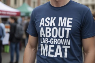 Close up of man wearing blue t-shirt with text ask me about lab grown meat at outdoor info booth.